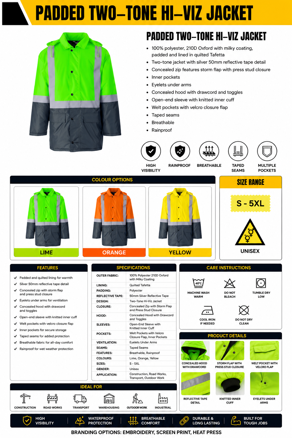 Padded Two–Tone Hi–Viz Jacket spec