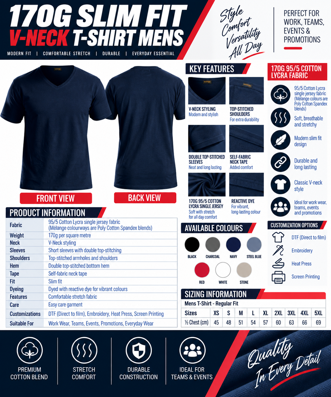 170g Slim Fit V-Neck T-Shirt Mens