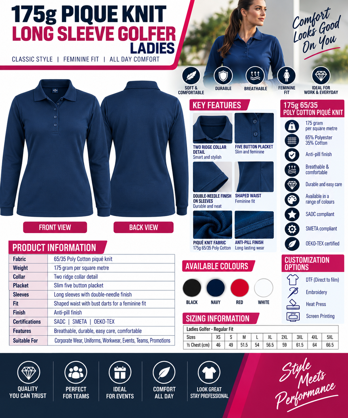 175g Pique Knit Long Sleeve Golfer Ladies