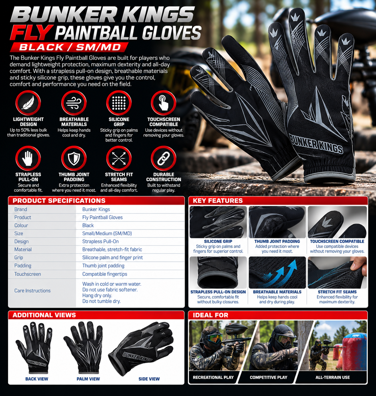 Bunker Kings Fly Paintball Gloves Black SMMD